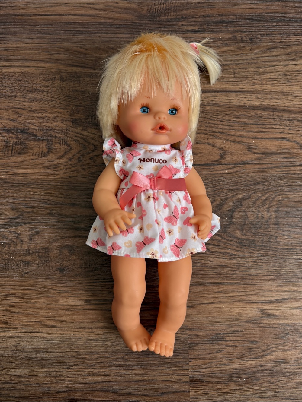 Vintage Nenuco Baby Doll Blonde Hair Blue Eyes Pink Butterfly Spring Dress